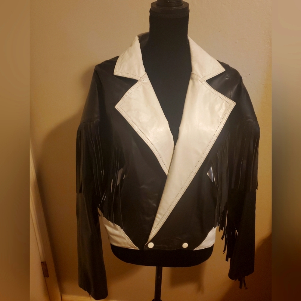 Vintage 1980s leather 2 tone fringe jacket genuine leather